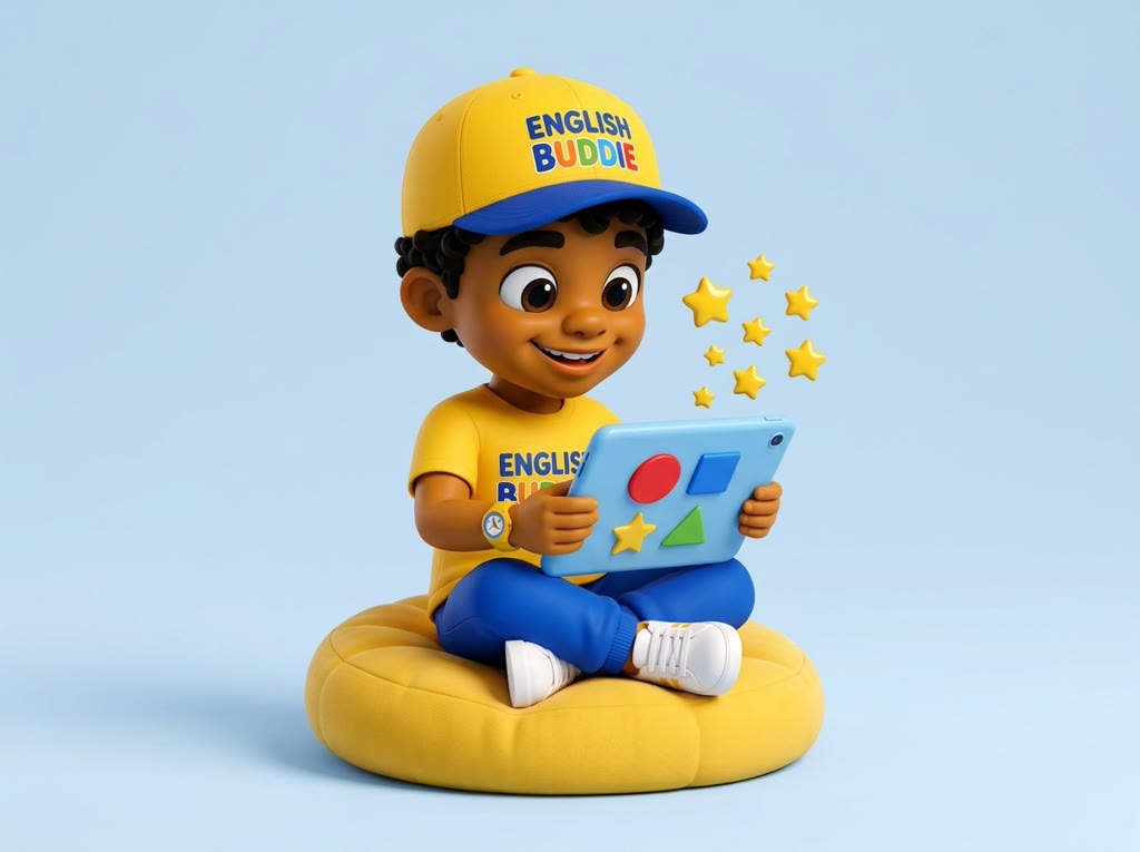 Buddie sentado numa almofada amarela, jogando no tablet, com estrelas saindo da tela