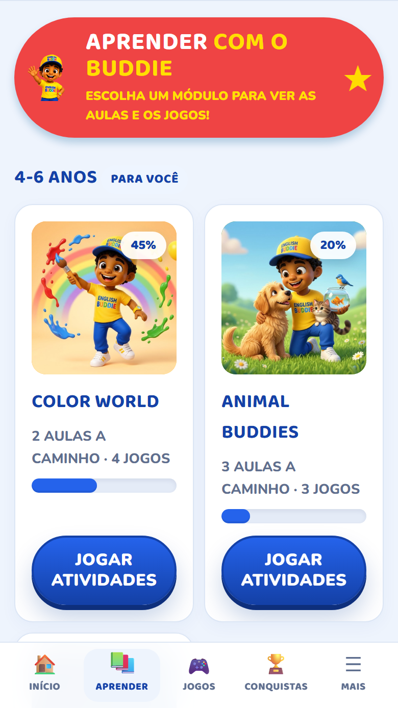 Módulos Color World e Animal Buddies, com o progresso de cada um