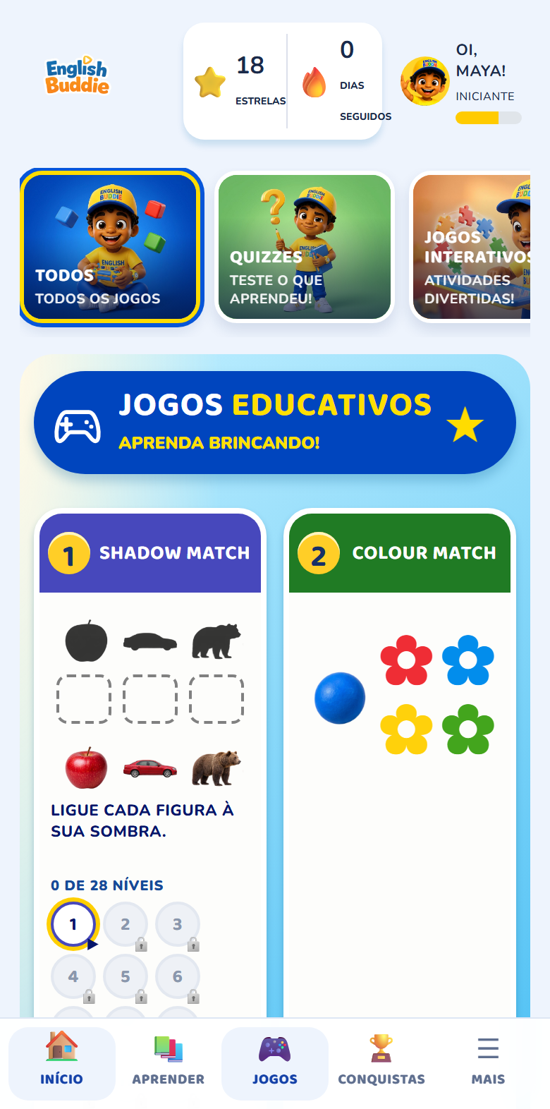 Catálogo de jogos com Shadow Match e Colour Match, cada um com seus níveis