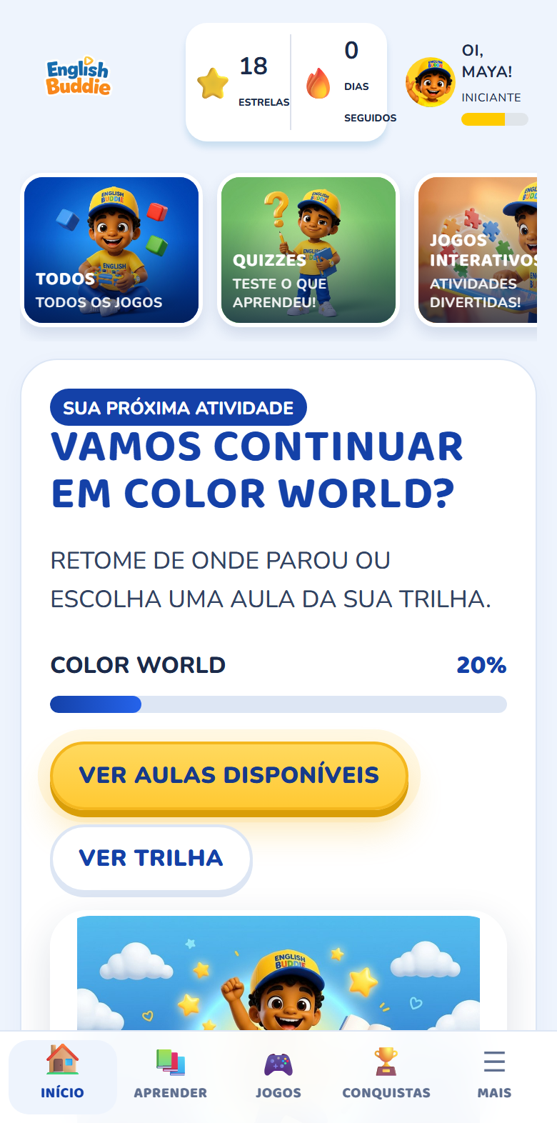 Tela inicial do aplicativo: contador de estrelas, categorias e a próxima atividade