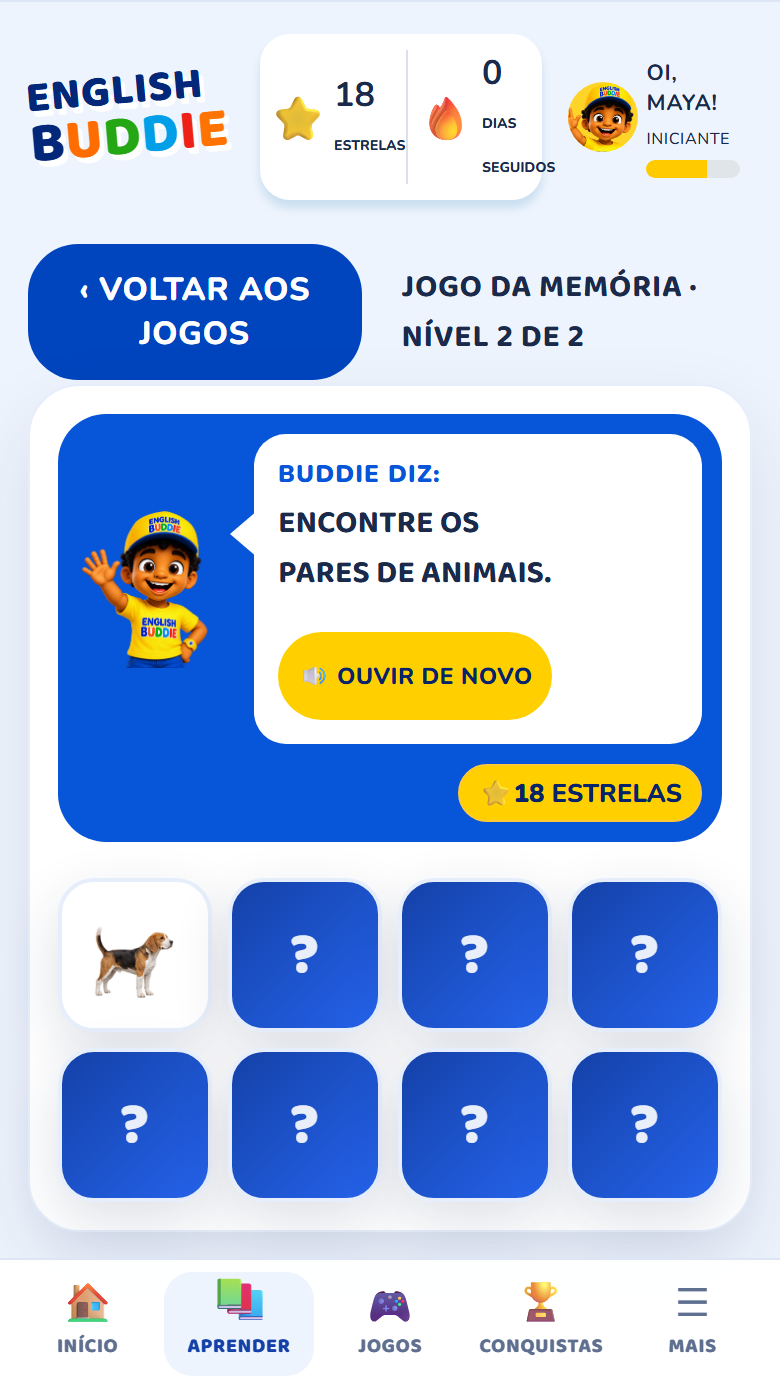 Jogo da memória de animais, com uma carta virada mostrando um cachorro