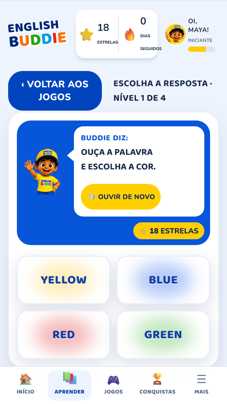 Jogo Escolha a resposta: o Buddie pede para ouvir a palavra e tocar na cor certa